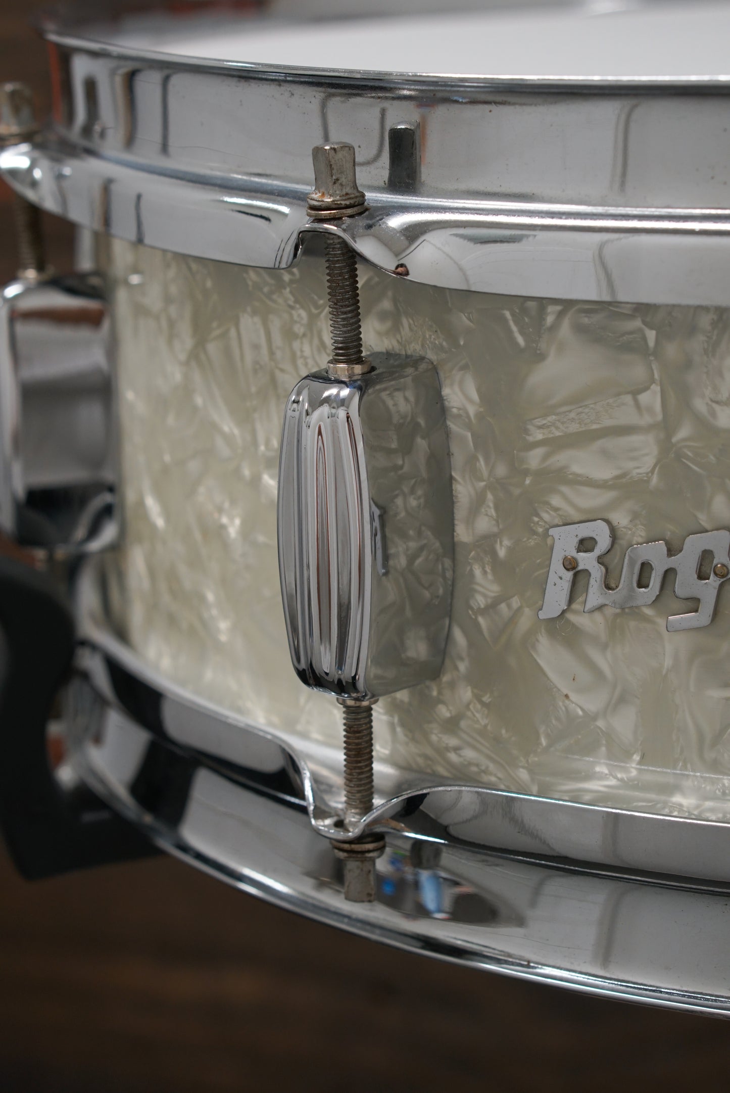 Rogers 5x14" Dynasonic Wood Snare Drum - 1960s White Marine Pearl