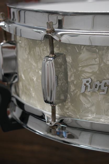 Rogers 5x14" Dynasonic Wood Snare Drum - 1960s White Marine Pearl