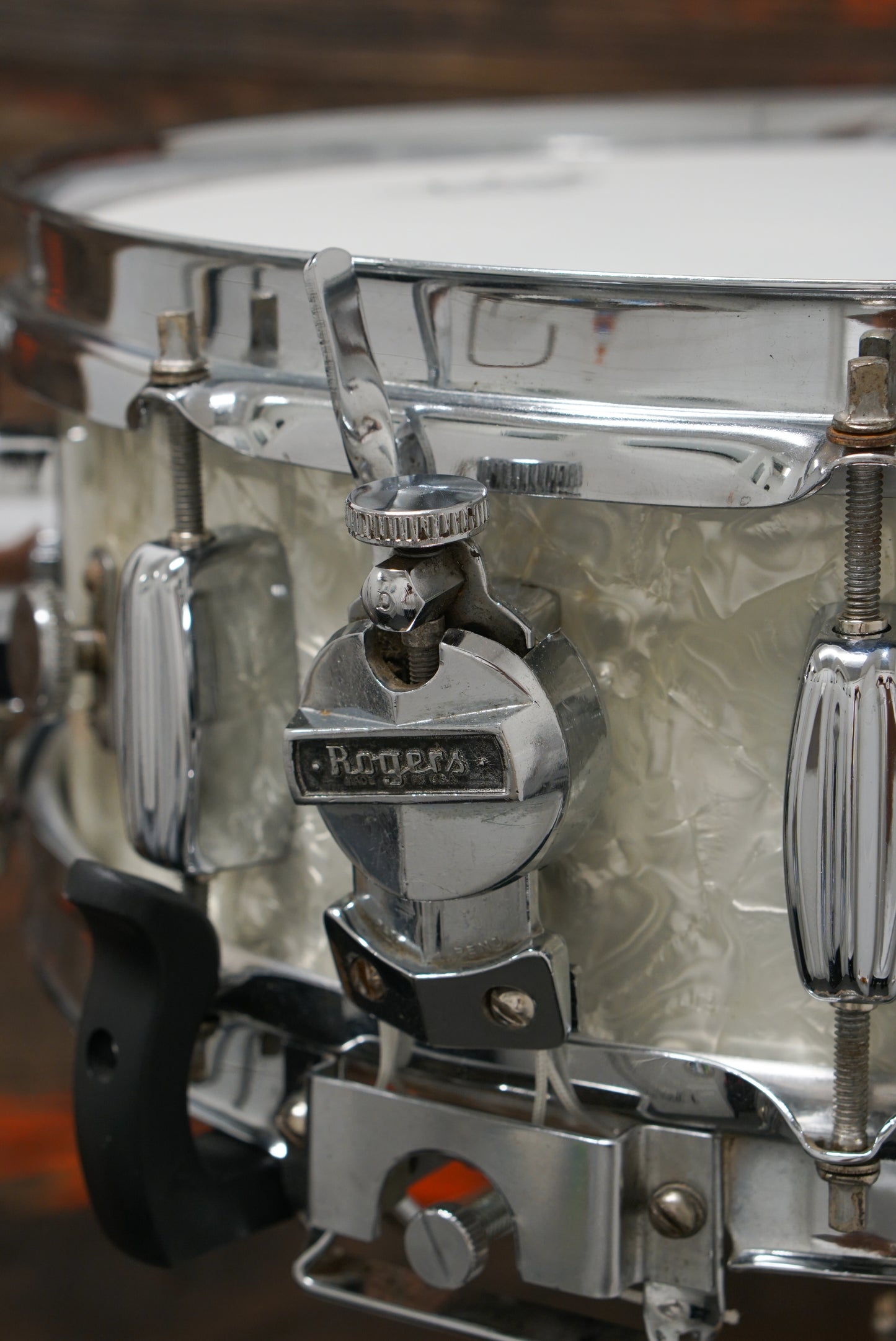 Rogers 5x14" Dynasonic Wood Snare Drum - 1960s White Marine Pearl