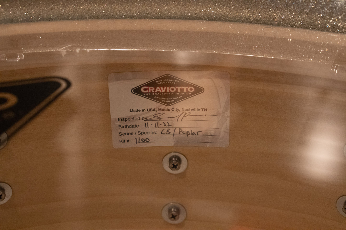 Craviotto 12/13/16/22/4.5x14" Solid Poplar Drum Set - 2021 Silver Sparkle Lacquer